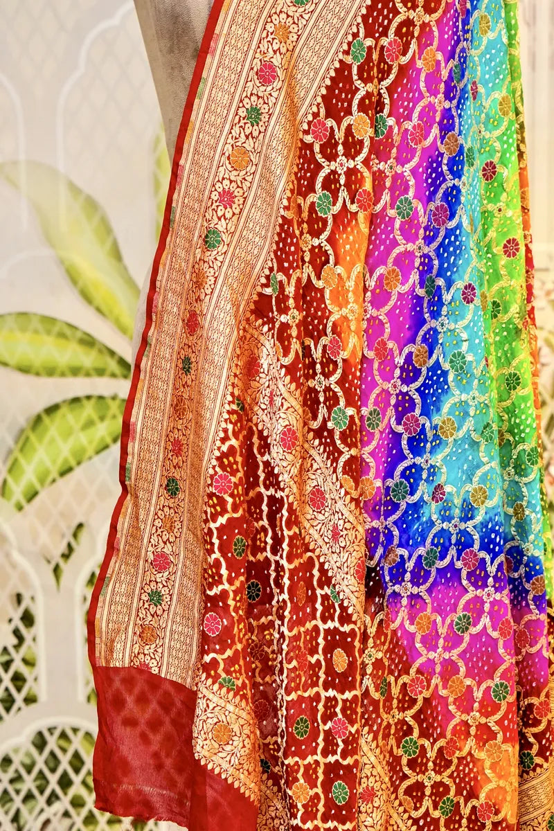 PURE HANDLOOM MULTICOLOR KHADDI BANDHANI DUPATTA