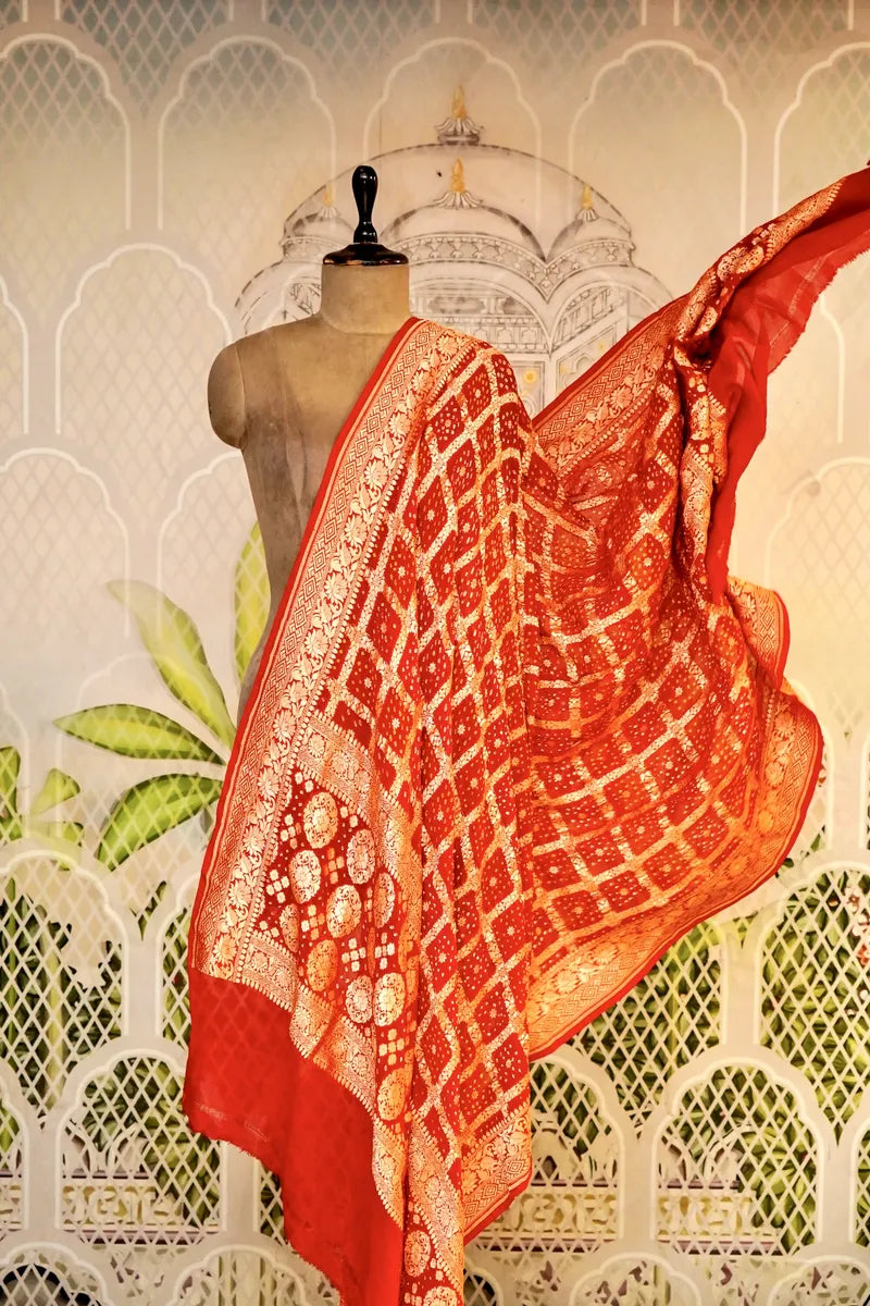 PURE HANDLOOM RED COLOR KHADDI BANDHANI DUPATTA