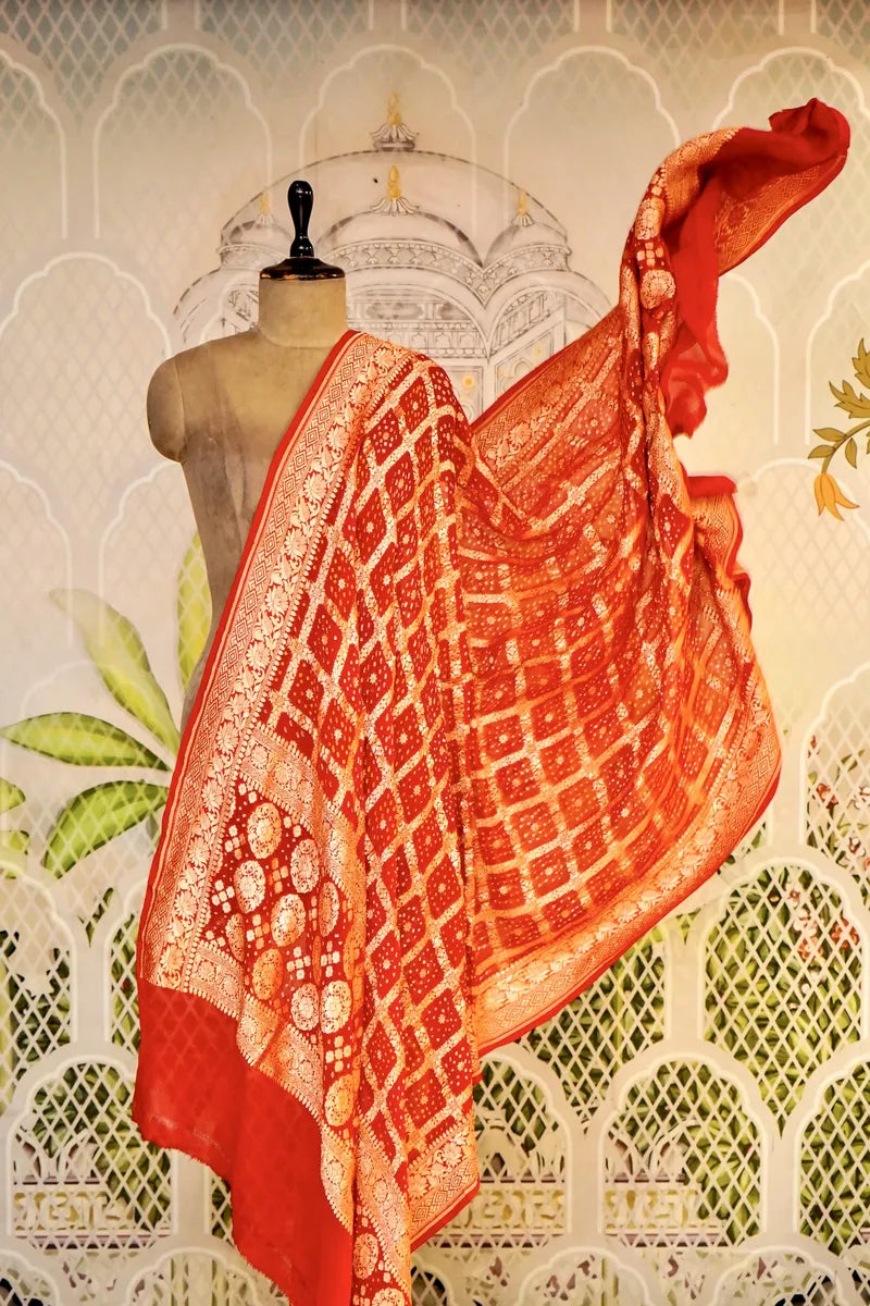 PURE HANDLOOM RED COLOR KHADDI BANDHANI DUPATTA