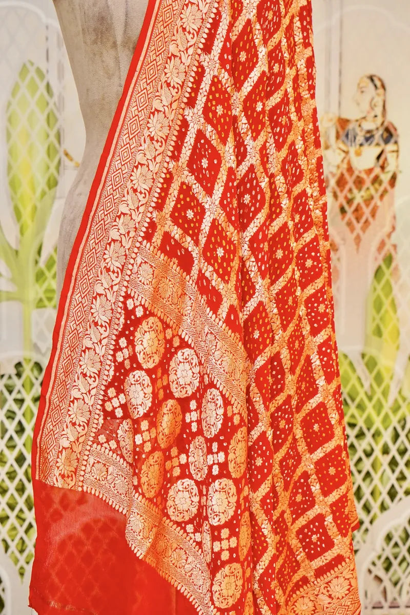 PURE HANDLOOM RED COLOR KHADDI BANDHANI DUPATTA