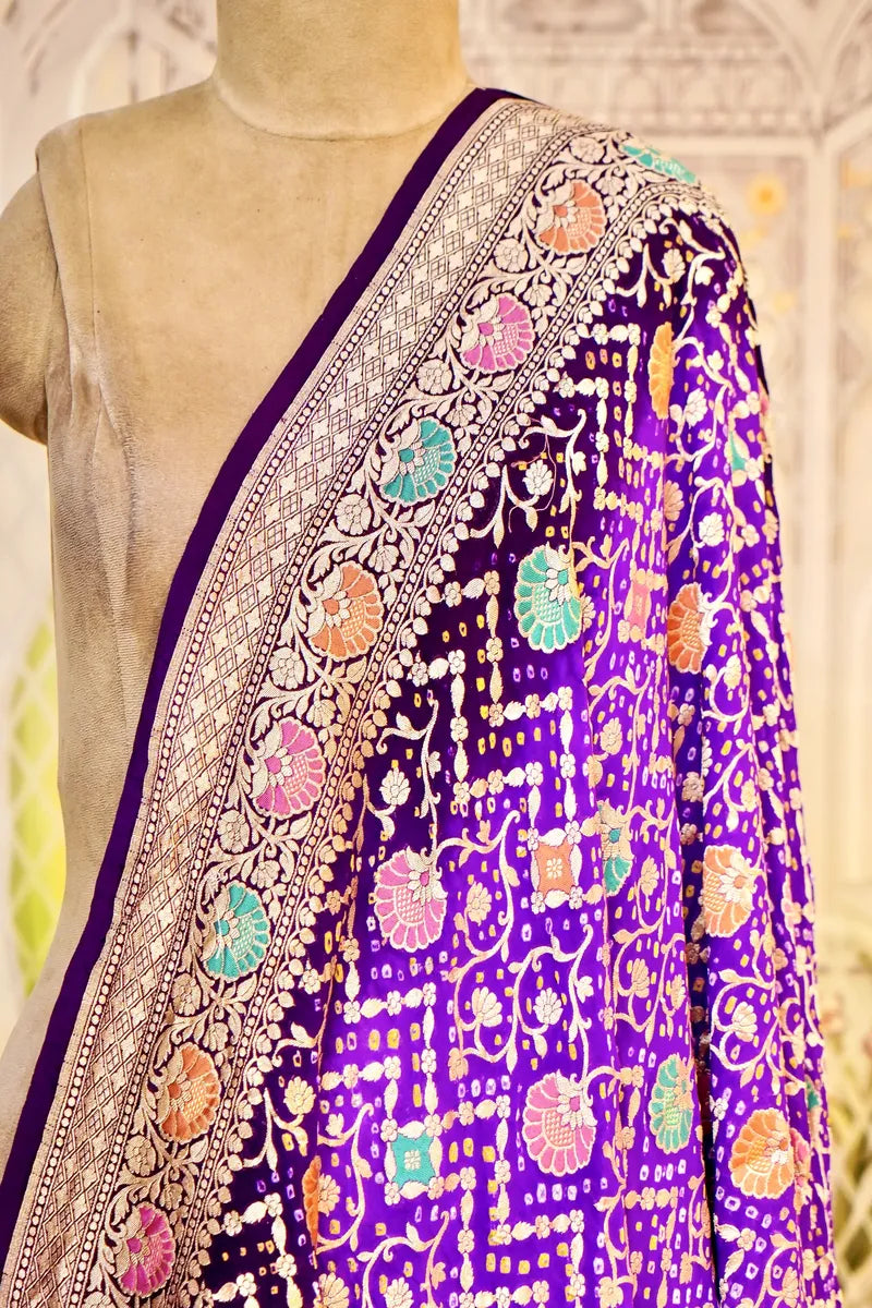 PURE HANDLOOM PURPLE COLOR KHADDI BANDHANI DUPATTA