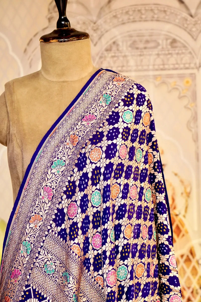 PURE HANDLOOM NAVY BLUE COLOR KHADDI BANDHANI DUPATTA