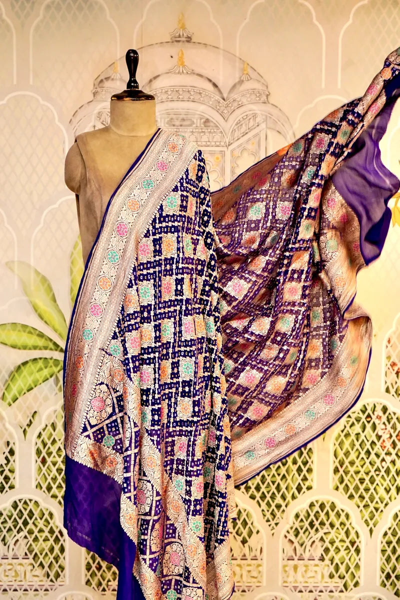 PURE HANDLOOM NAVY BLUE COLOR KHADDI BANDHANI DUPATTA