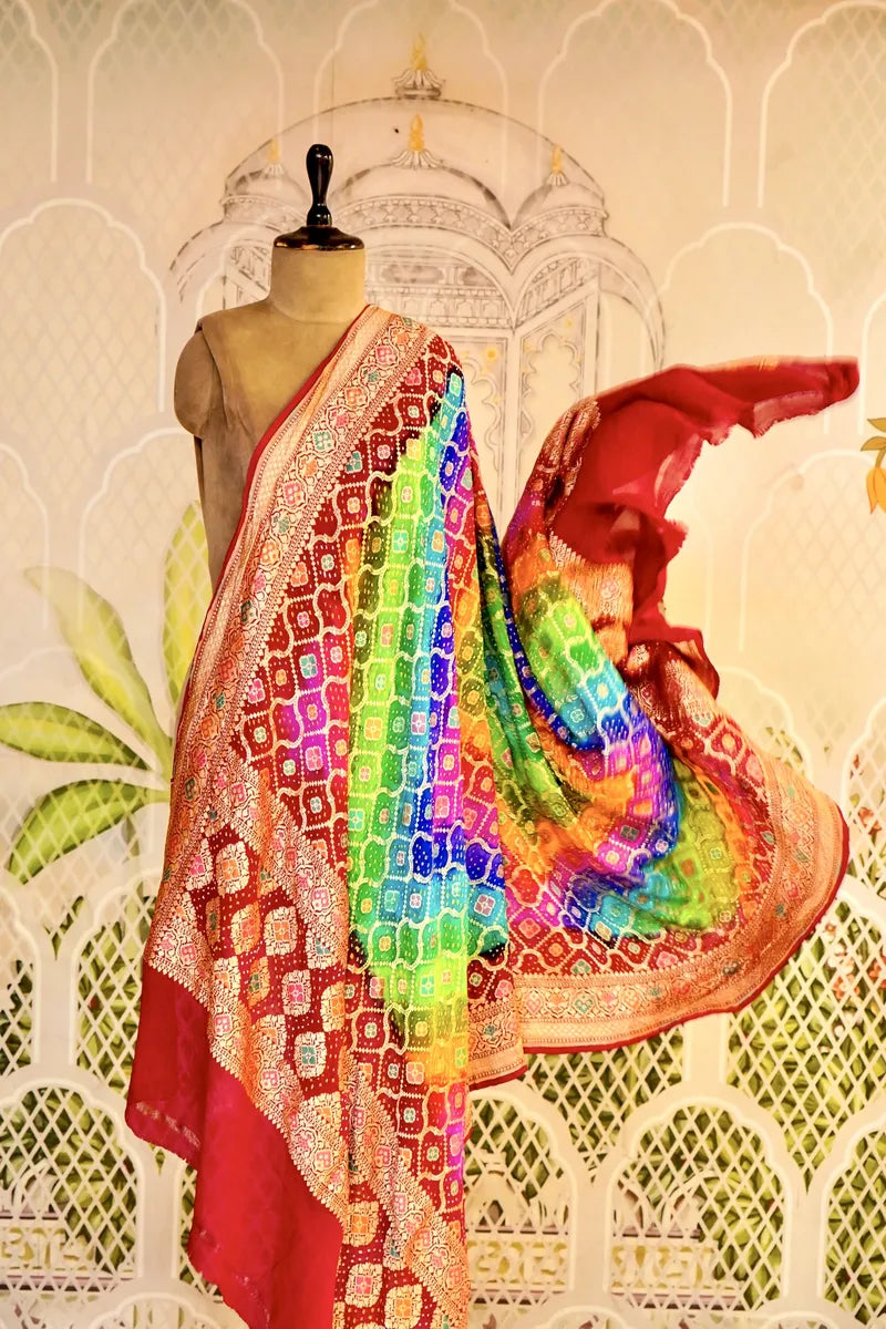 PURE HANDLOOM MULTICOLOR KHADDI BANDHANI DUPATTA
