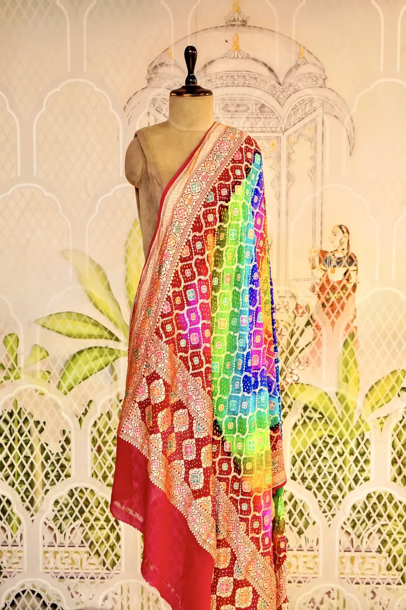 PURE HANDLOOM MULTICOLOR KHADDI BANDHANI DUPATTA