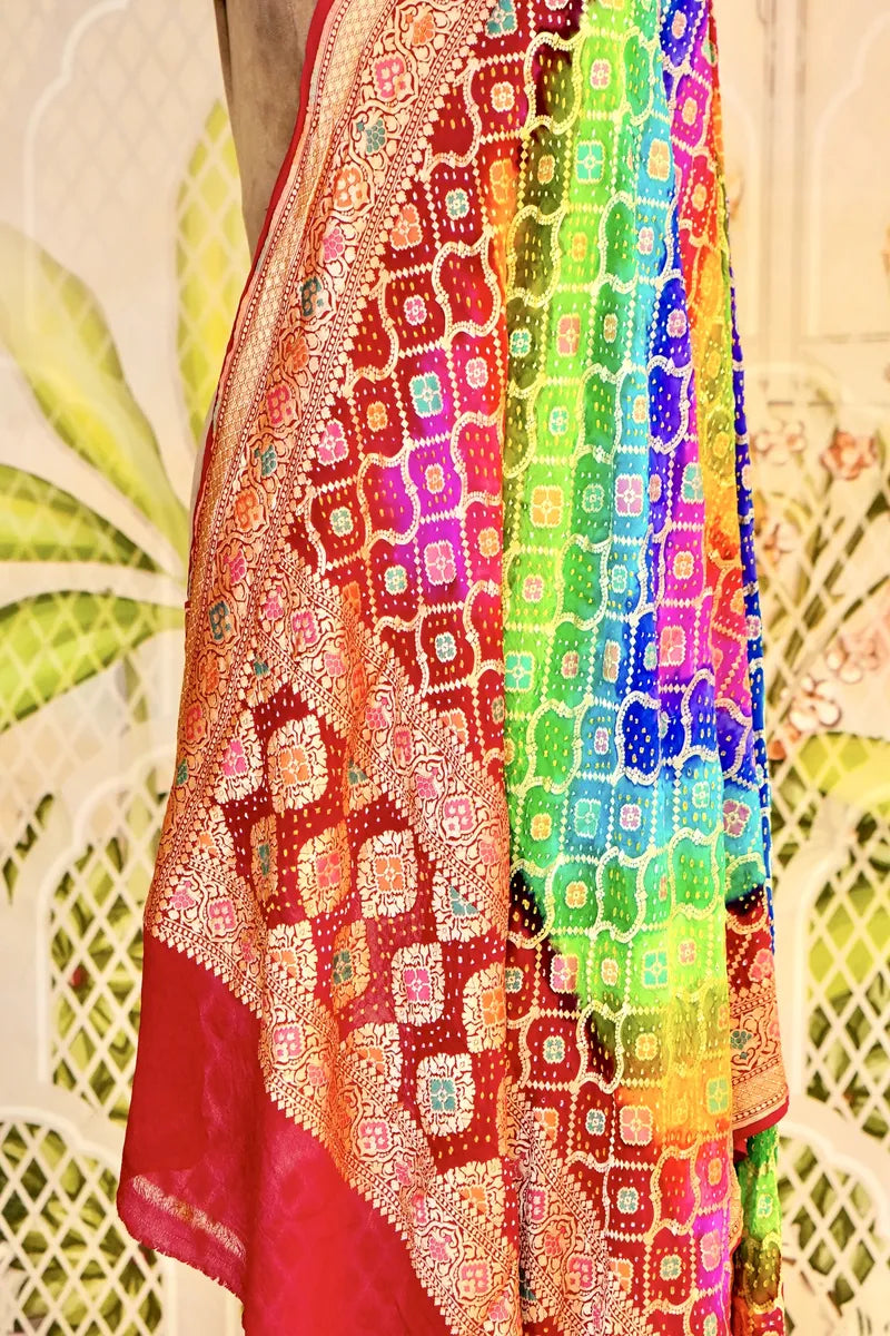 PURE HANDLOOM MULTICOLOR KHADDI BANDHANI DUPATTA