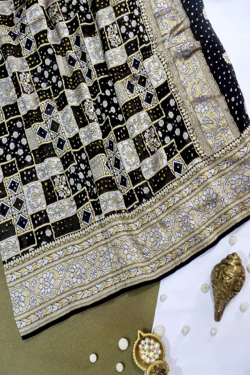 BLACK COLOR PURE HANDLOOM KHADDI GEORGETTE BANDHANI SAREE