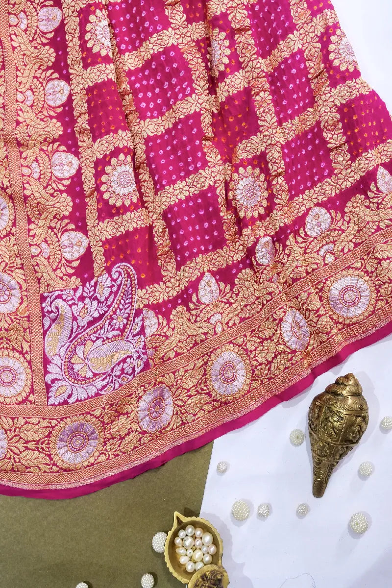 RANI PINK COLOR PURE HANDLOOM KHADDI GEORGETTE BANDHANI SAREE