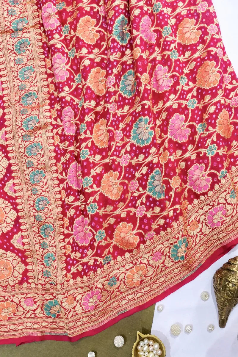 RANI PINK COLOR PURE HANDLOOM KHADDI GEORGETTE BANDHANI SAREE