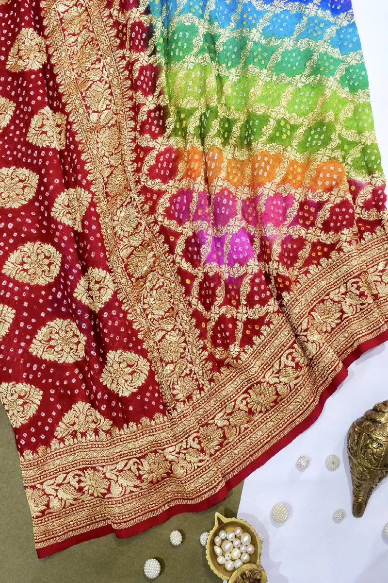 MULTI COLOR PURE HANDLOOM KHADDI GEORGETTE BANDHANI SAREE