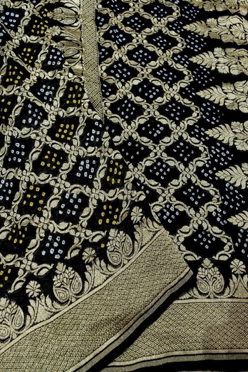 BLACK COLOR PURE HANDLOOM KHADDI GEORGETTE BANDHANI SAREE