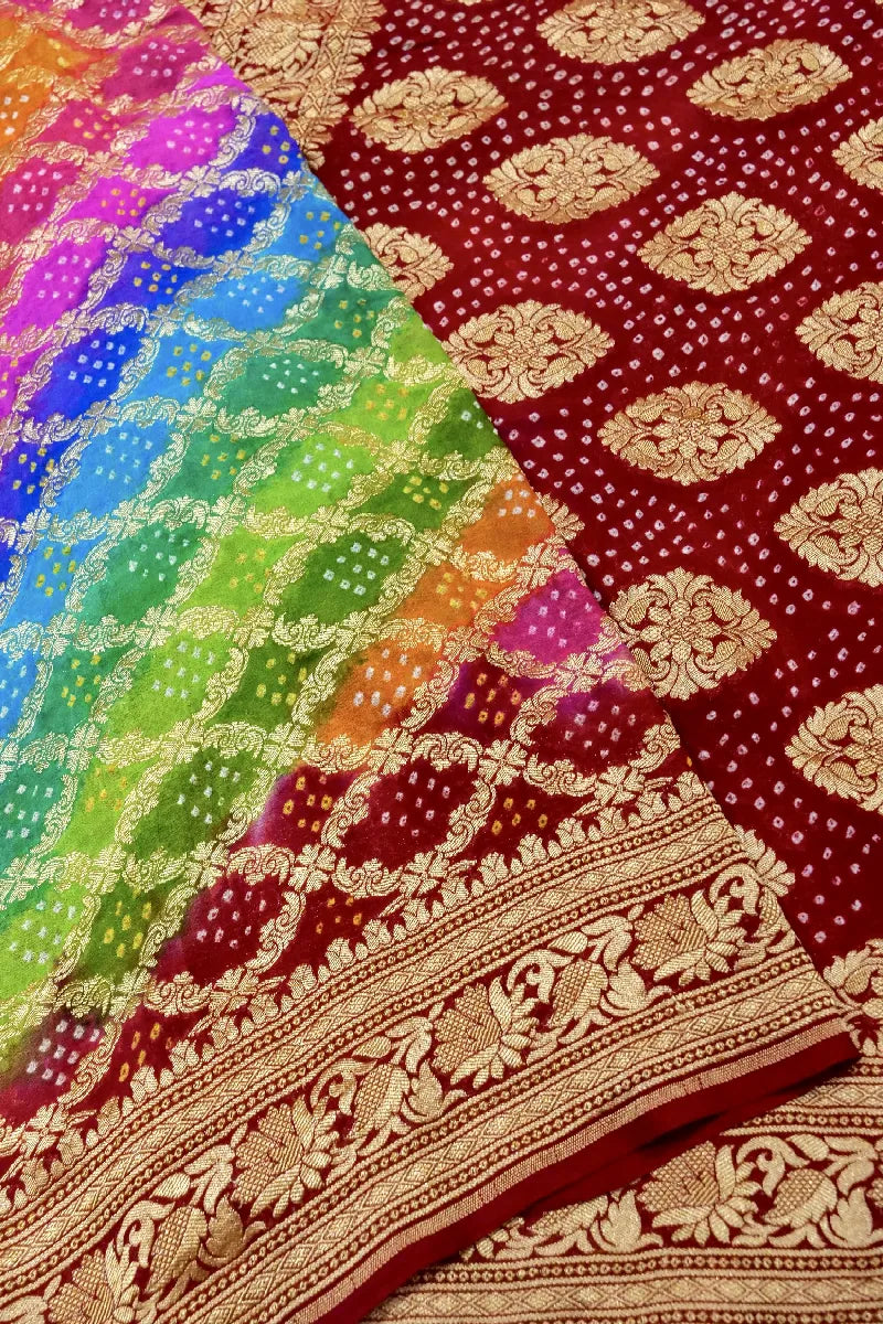 MULTI COLOR PURE HANDLOOM KHADDI GEORGETTE BANDHANI SAREE