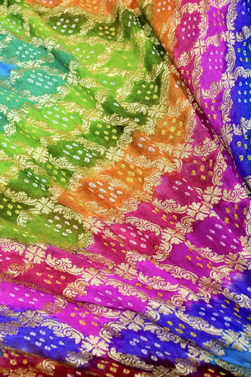 MULTI COLOR PURE HANDLOOM KHADDI GEORGETTE BANDHANI SAREE