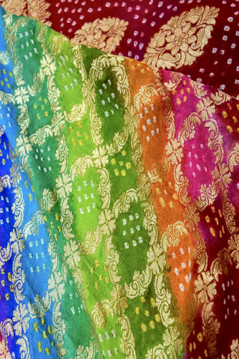 MULTI COLOR PURE HANDLOOM KHADDI GEORGETTE BANDHANI SAREE