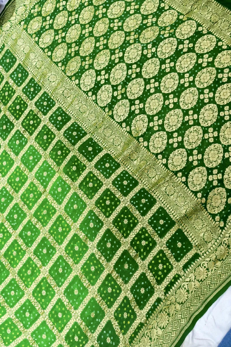 GREEN COLOR PURE HANDLOOM KHADDI GEORGETTE BANDHEJ GHARCHOLA SAREE
