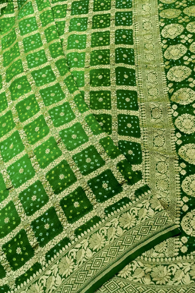 GREEN COLOR PURE HANDLOOM KHADDI GEORGETTE BANDHEJ GHARCHOLA SAREE