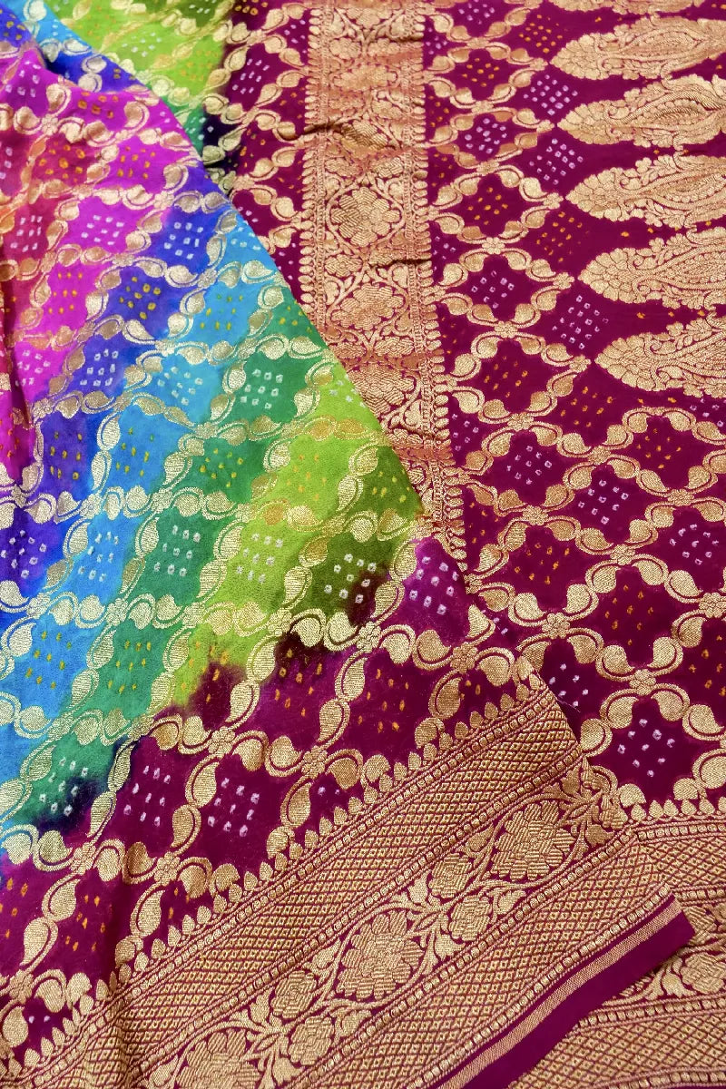 MULTI COLOR PURE HANDLOOM KHADDI GEORGETTE BANDHANI SAREE