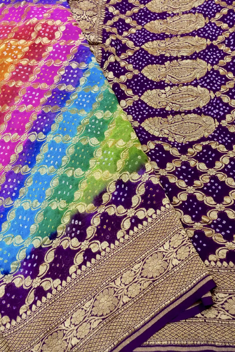 MULTI COLOR PURE HANDLOOM KHADDI GEORGETTE BANDHANI SAREE