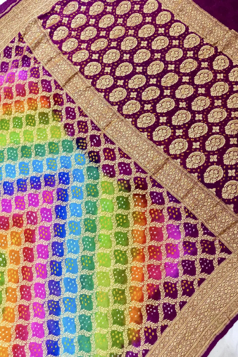 MULTI COLOR PURE HANDLOOM KHADDI GEORGETTE BANDHANI SAREE