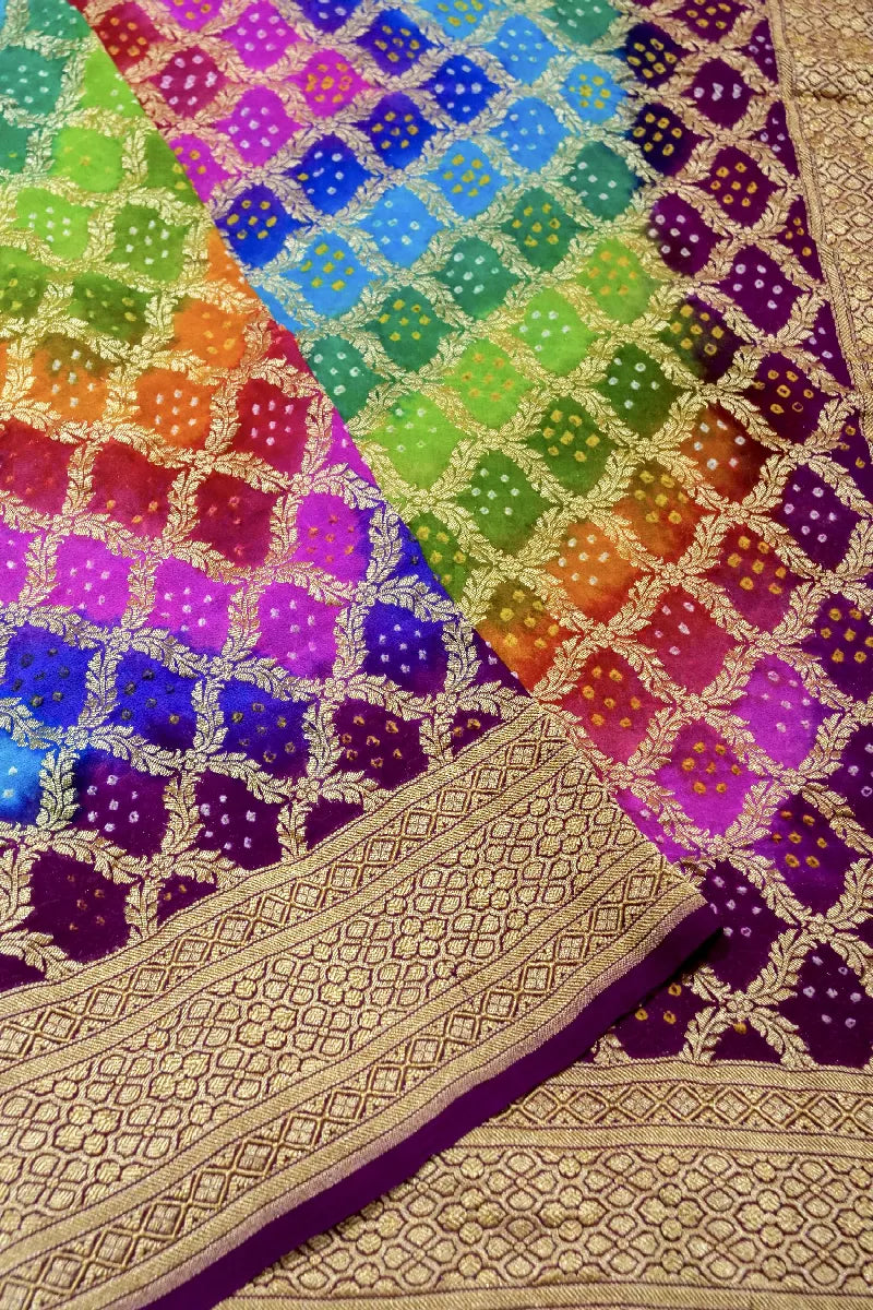 MULTI COLOR PURE HANDLOOM KHADDI GEORGETTE BANDHANI SAREE