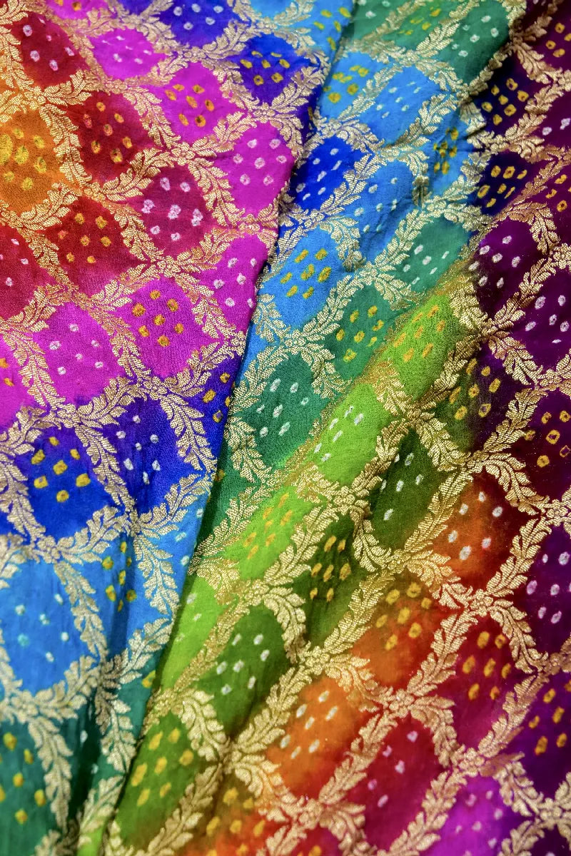 MULTI COLOR PURE HANDLOOM KHADDI GEORGETTE BANDHANI SAREE