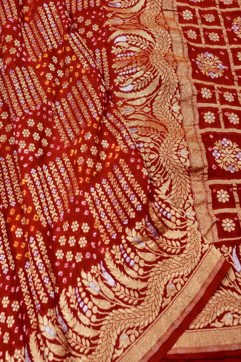 RED COLOR PURE HANDLOOM KHADDI GEORGETTE BANDHANI