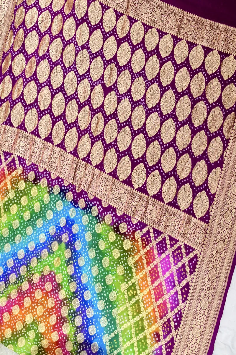 MULTI COLOR PURE HANDLOOM KHADDI GEORGETTE BANDHANI SAREE