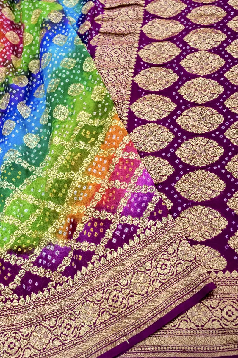 MULTI COLOR PURE HANDLOOM KHADDI GEORGETTE BANDHANI SAREE
