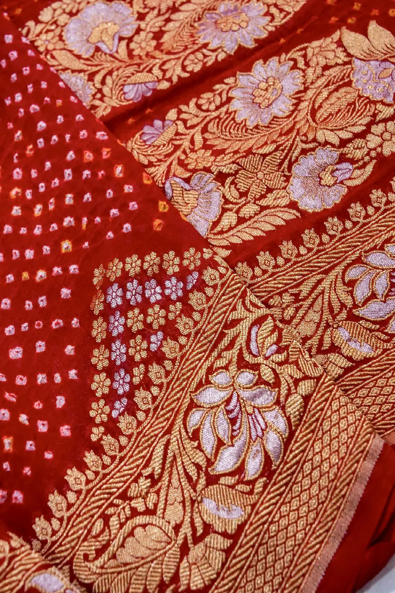 RED COLOR PURE HANDLOOM KHADDI GEORGETTE BANDHANI SAREE