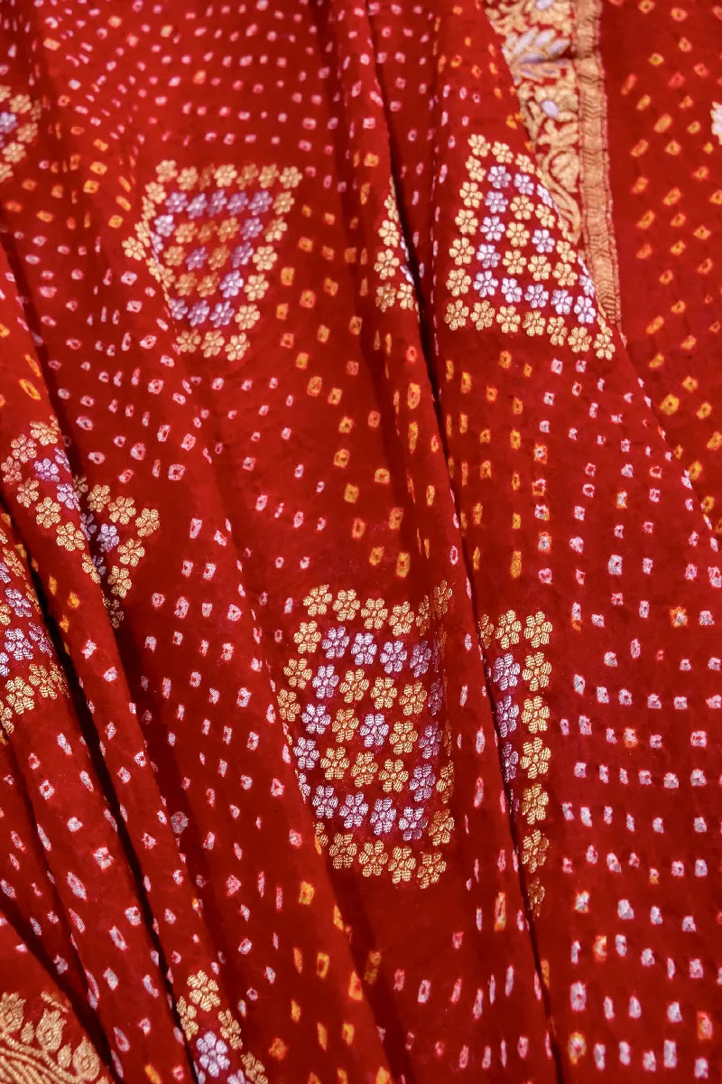 RED COLOR PURE HANDLOOM KHADDI GEORGETTE BANDHANI SAREE