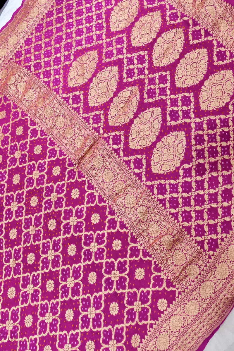 RANI PINK COLOR PURE HANDLOOM KHADDI GEORGETTE BANDHANI SAREE