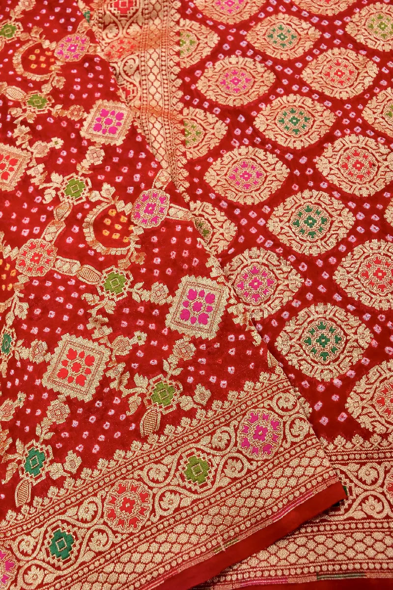 RED COLOR PURE HANDLOOM KHADDI GEORGETTE BANDHANI SAREE