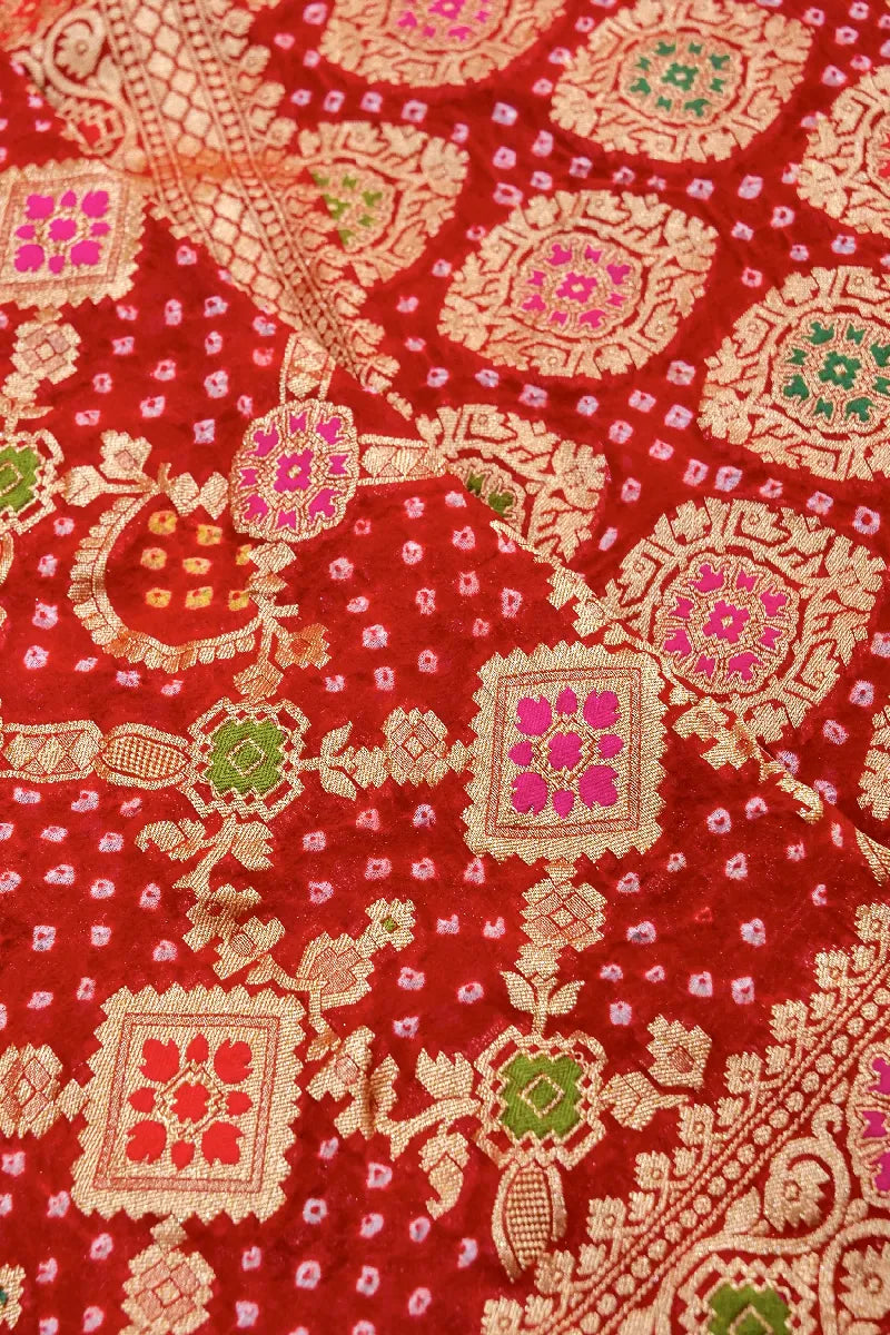 RED COLOR PURE HANDLOOM KHADDI GEORGETTE BANDHANI SAREE