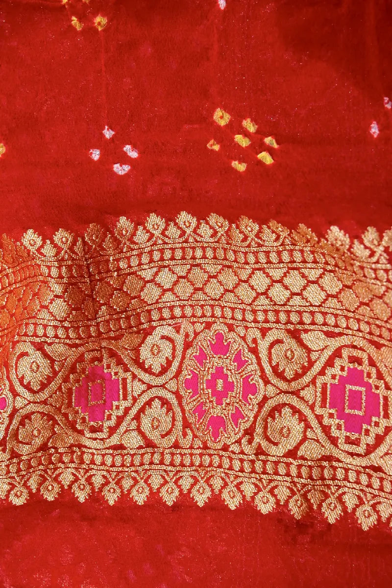 RED COLOR PURE HANDLOOM KHADDI GEORGETTE BANDHANI SAREE