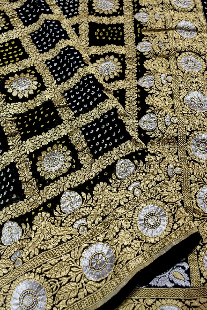BLACK COLOR PURE HANDLOOM KHADDI GEORGETTE BANDHANI SAREE