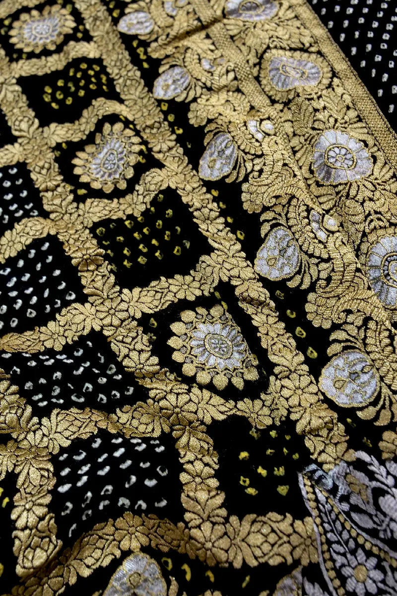 BLACK COLOR PURE HANDLOOM KHADDI GEORGETTE BANDHANI SAREE