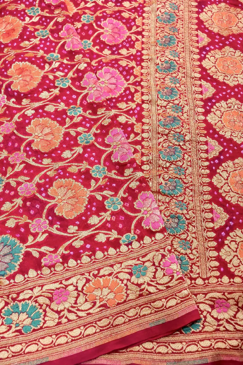 RANI PINK COLOR PURE HANDLOOM KHADDI GEORGETTE BANDHANI SAREE