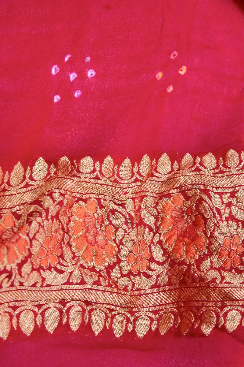 RANI PINK COLOR PURE HANDLOOM KHADDI GEORGETTE BANDHANI SAREE