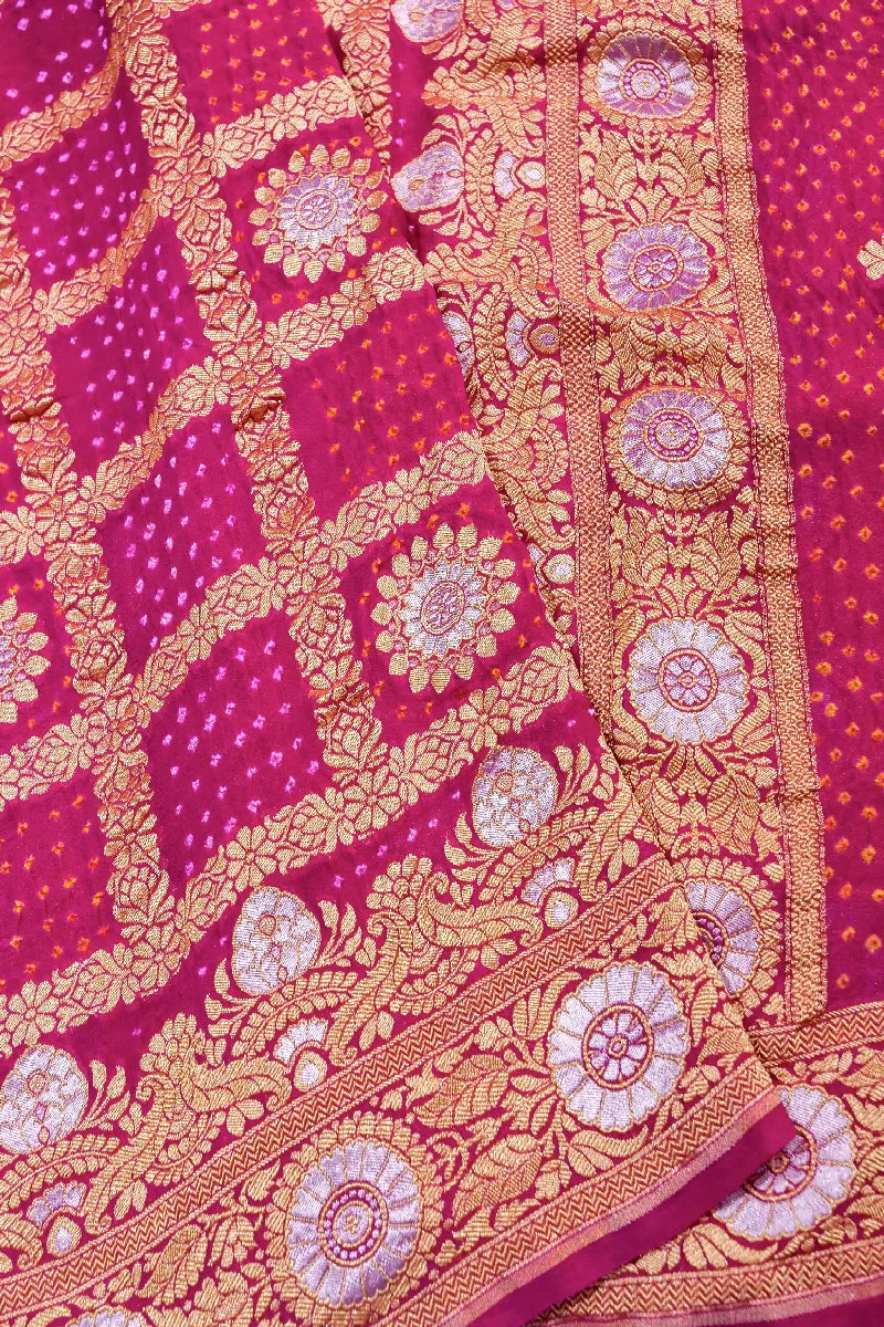 RANI PINK COLOR PURE HANDLOOM KHADDI GEORGETTE BANDHANI SAREE