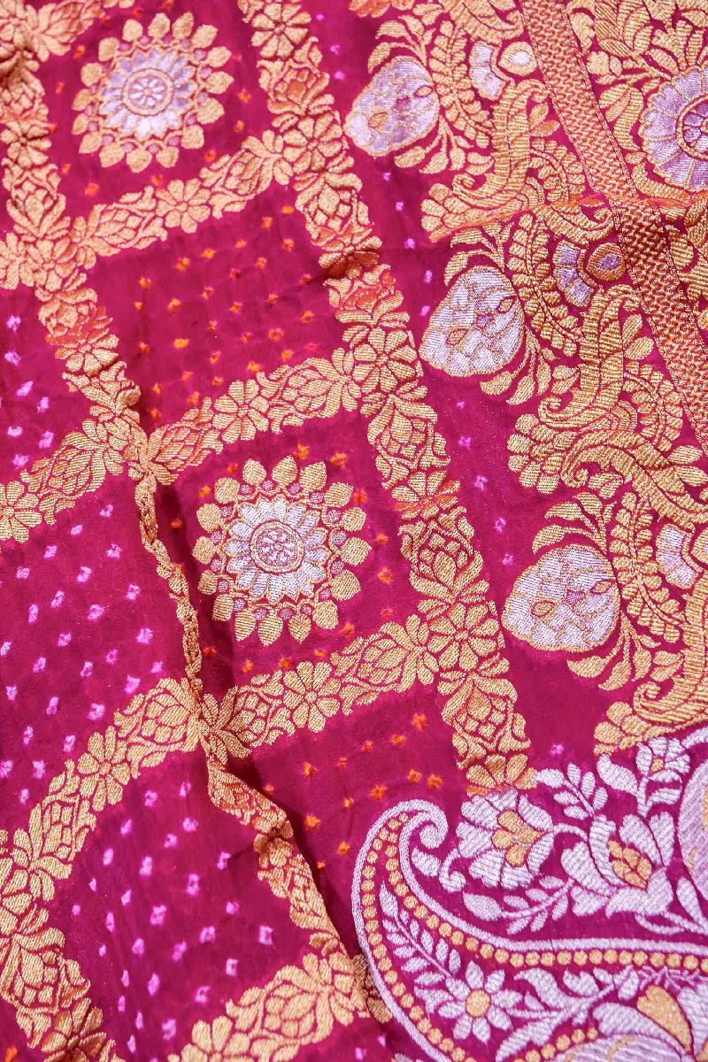 RANI PINK COLOR PURE HANDLOOM KHADDI GEORGETTE BANDHANI SAREE