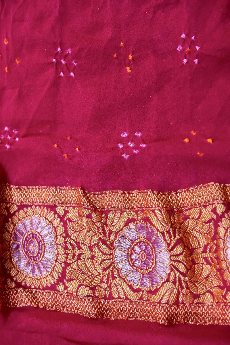 RANI PINK COLOR PURE HANDLOOM KHADDI GEORGETTE BANDHANI SAREE