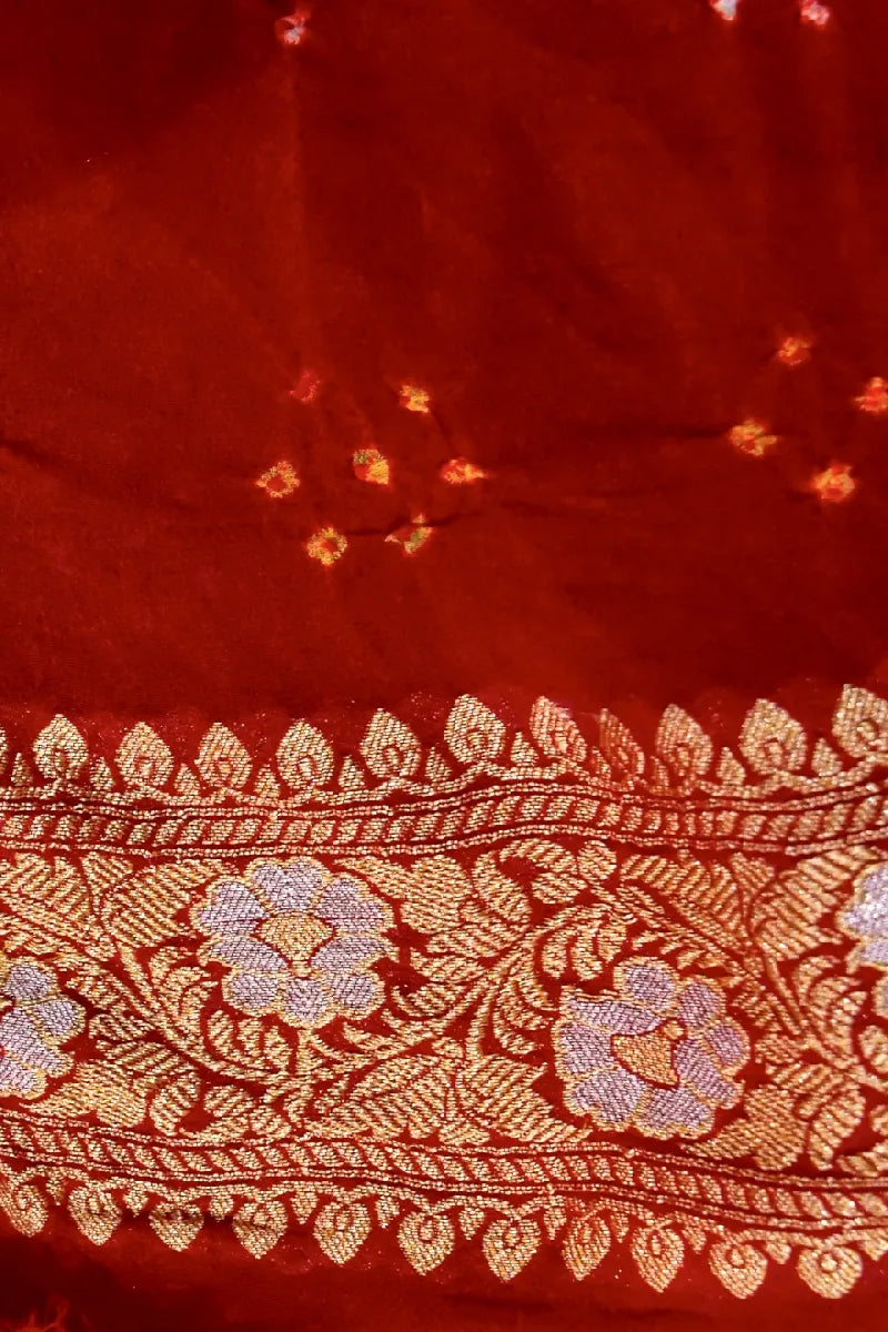 RED COLOR PURE HANDLOOM KHADDI GEORGETTE BANDHANI SAREE