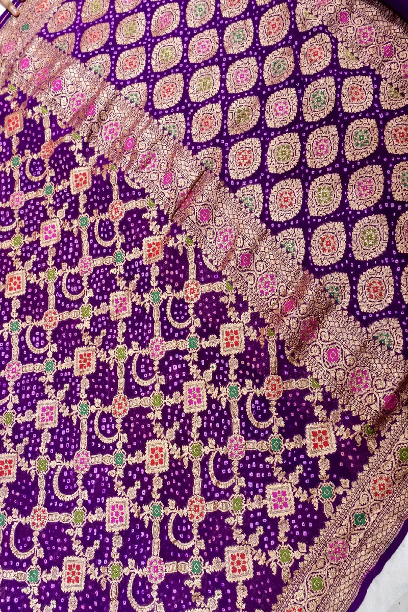 VIOLET COLOR PURE HANDLOOM KHADDI GEORGETTE BANDHANI SAREE