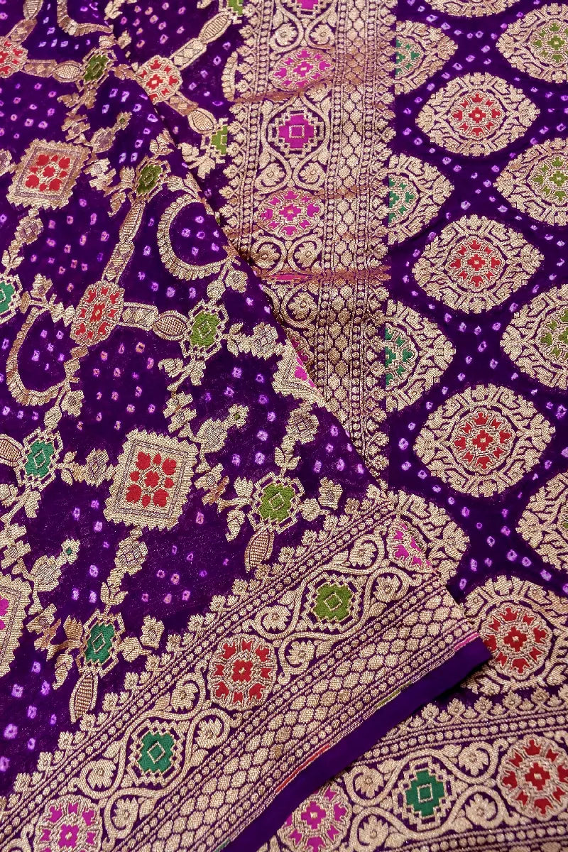 VIOLET COLOR PURE HANDLOOM KHADDI GEORGETTE BANDHANI SAREE