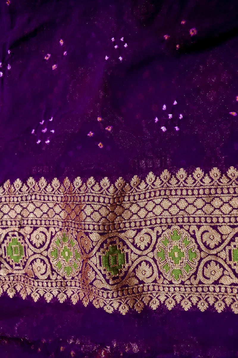 VIOLET COLOR PURE HANDLOOM KHADDI GEORGETTE BANDHANI SAREE