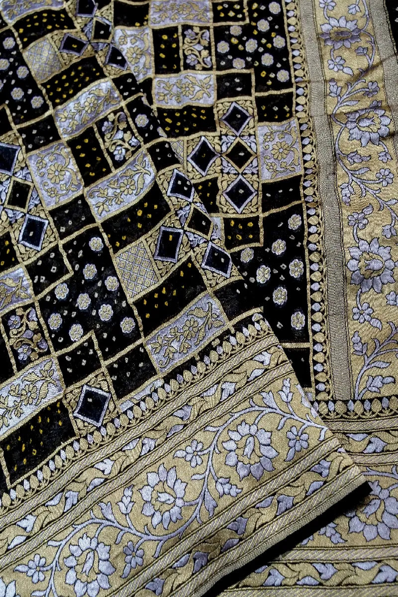 BLACK COLOR PURE HANDLOOM KHADDI GEORGETTE BANDHANI SAREE
