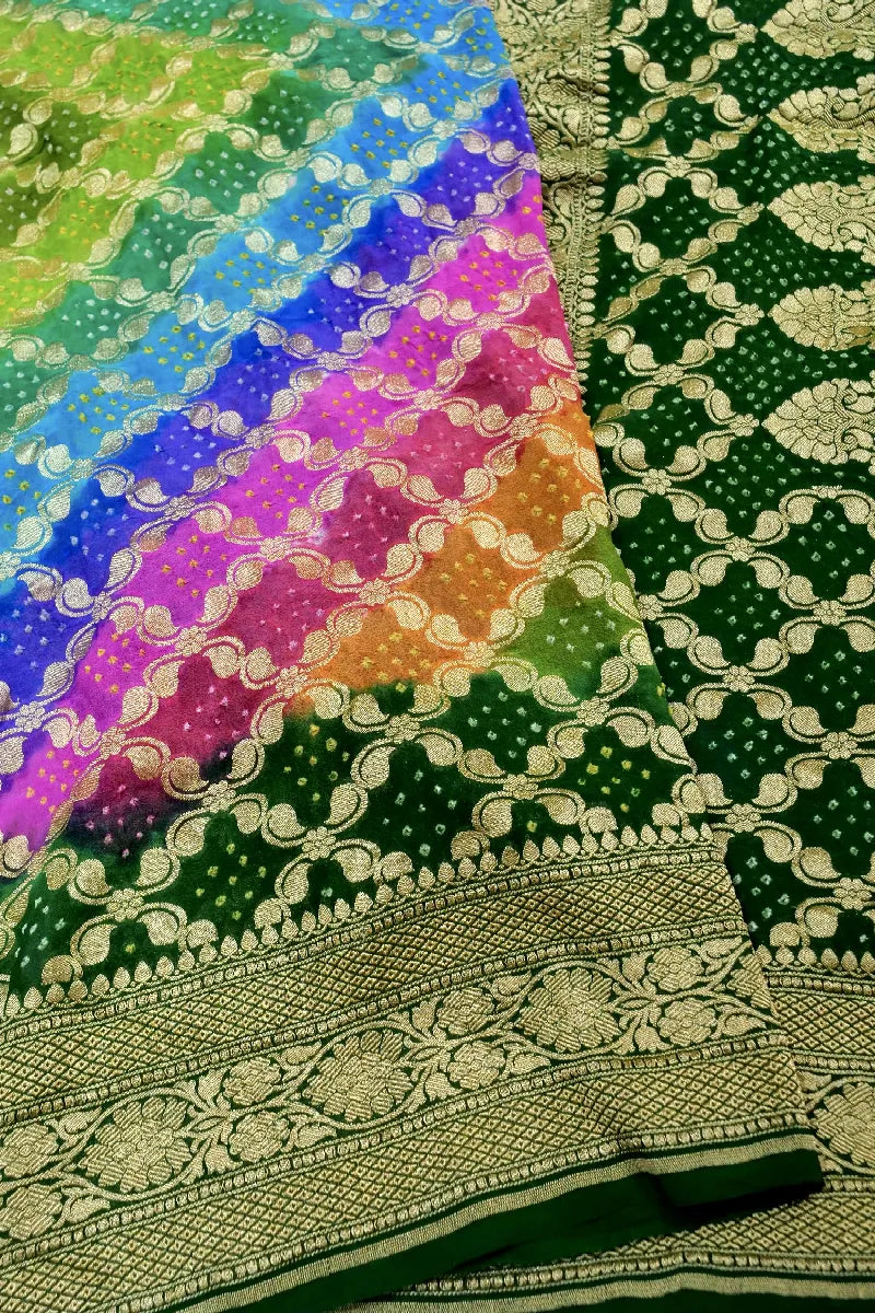 MULTI COLOR PURE HANDLOOM KHADDI GEORGETTE BANDHANI SAREE