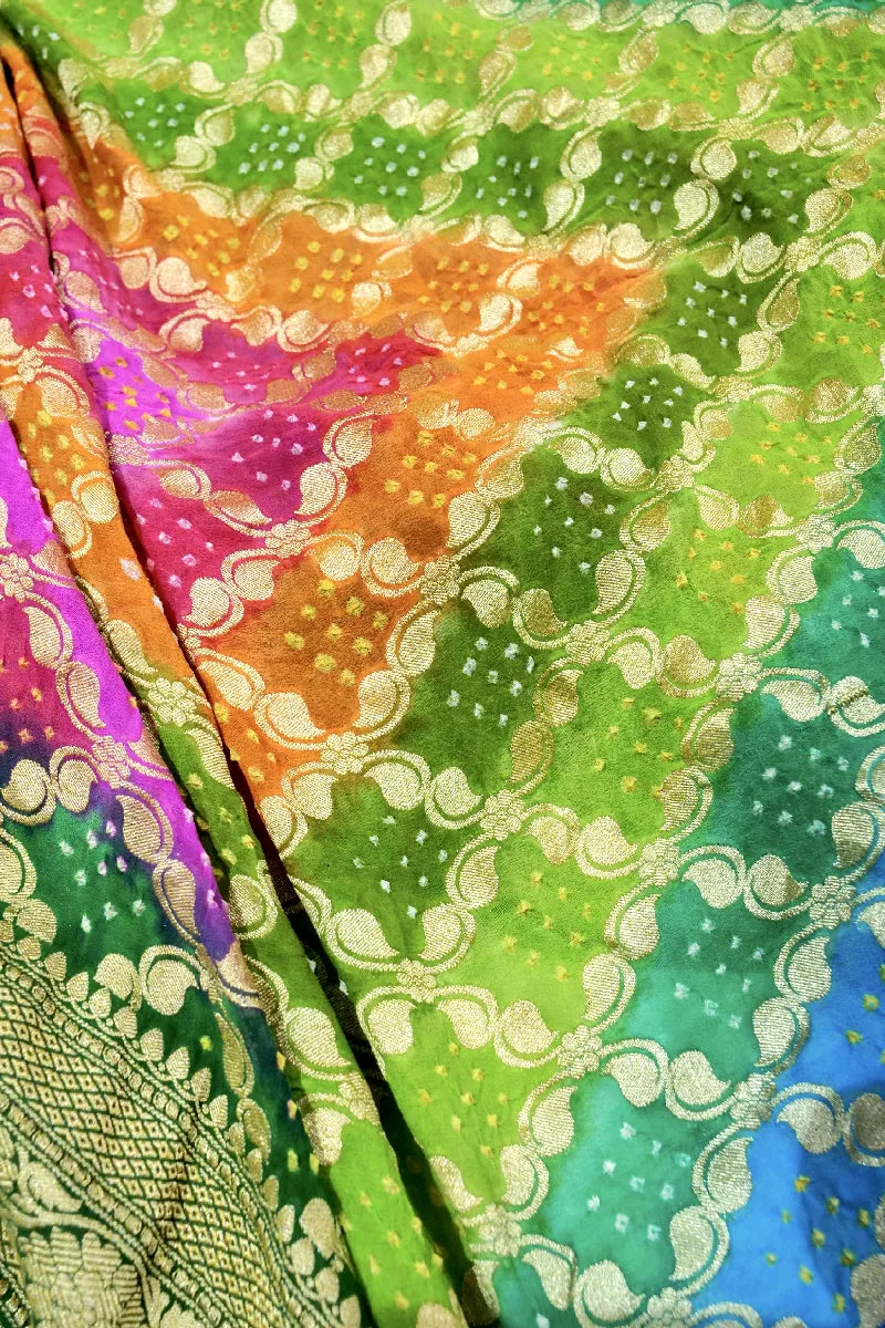 MULTI COLOR PURE HANDLOOM KHADDI GEORGETTE BANDHANI SAREE