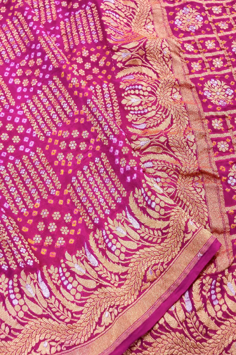 RANI PINK COLOR PURE HANDLOOM KHADDI GEORGETTE BANDHANI SAREE