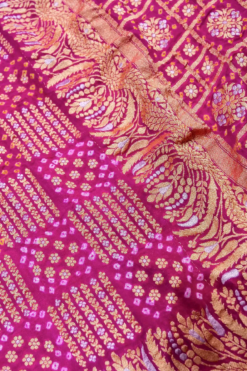 RANI PINK COLOR PURE HANDLOOM KHADDI GEORGETTE BANDHANI SAREE